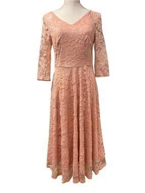 Vintage Inspired Peachy Pink All Over Lace Midi Dress with Three-Quarter Sleeves